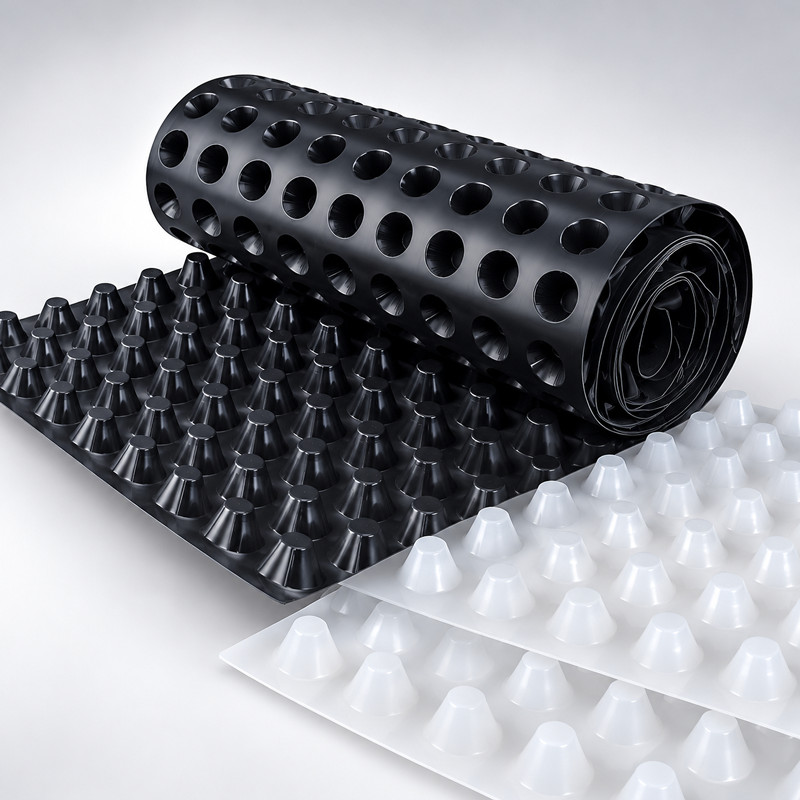 توريد لفات صفائح تصريف HDPE ذات النتوءات باللونين الأسود والأبيض.jpg توريد لفات صفائح تصريف HDPE ذات النتوءات باللونين الأسود والأبيض.jpg